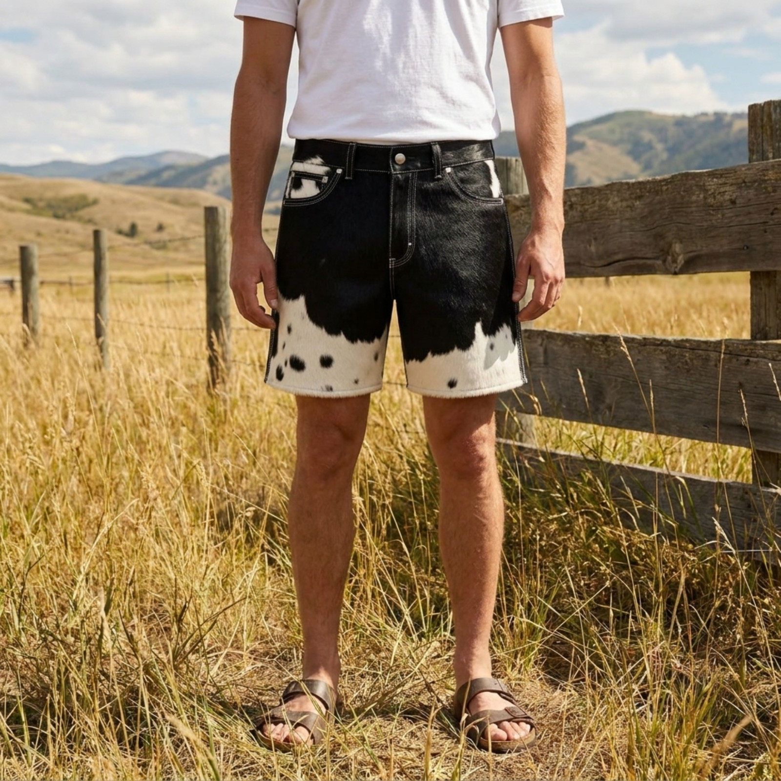Men’s Natural Cowhide Hair On Leather Shorts Black White Western Rodeo Pants