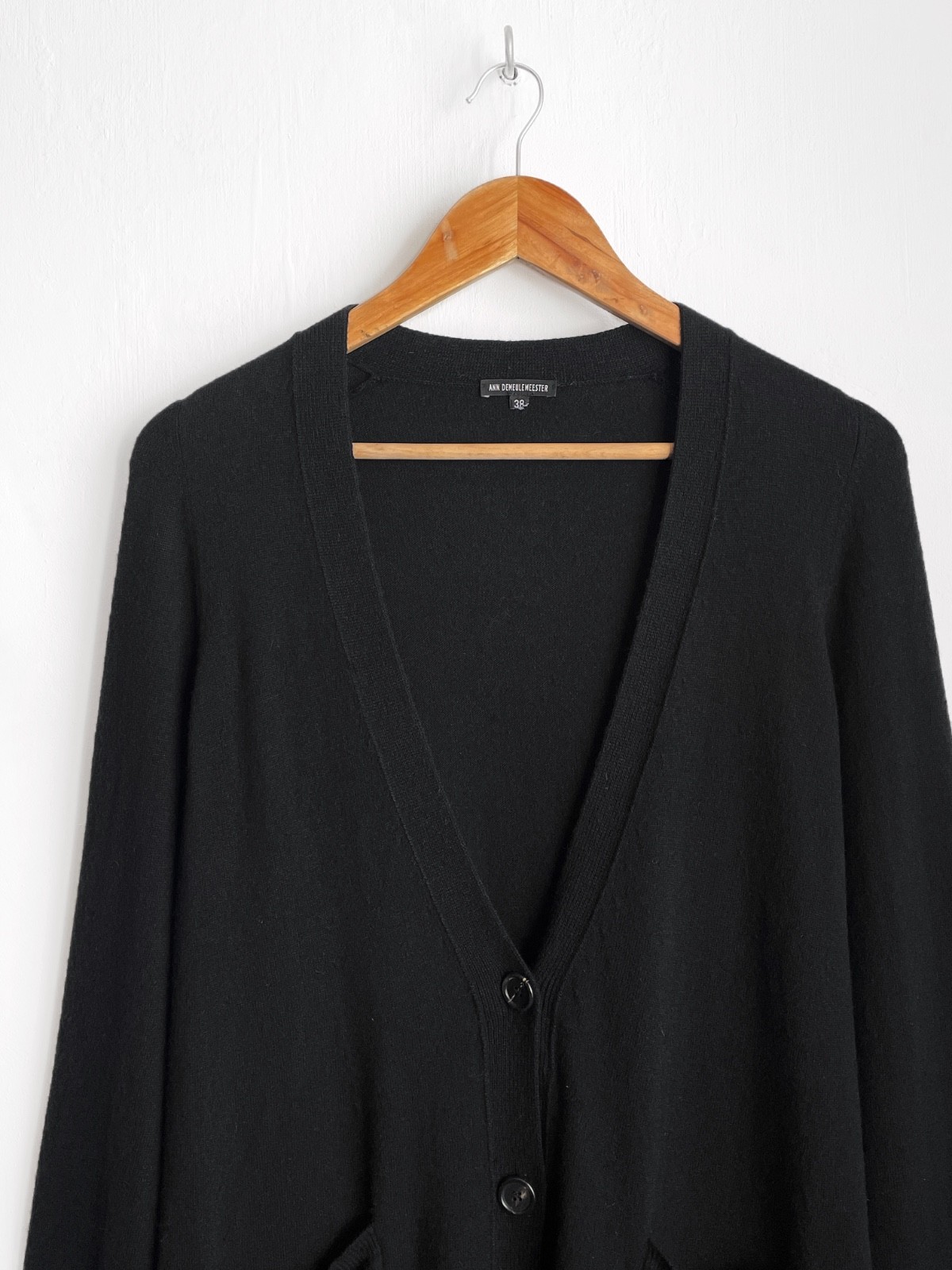 Ann Demeulemeester Black Wool Longline V-Neck Cardigan With Pockets, Size 38