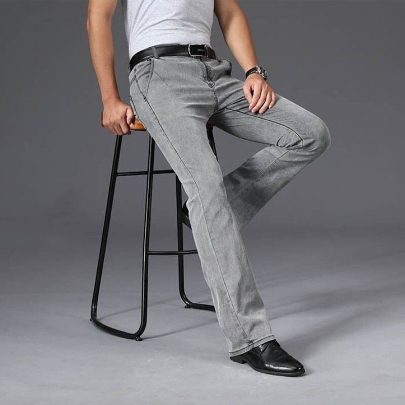 Men Bell Bottom Flared Denim Pants Jeans Soft Thin Trousers Drawstring Grey
