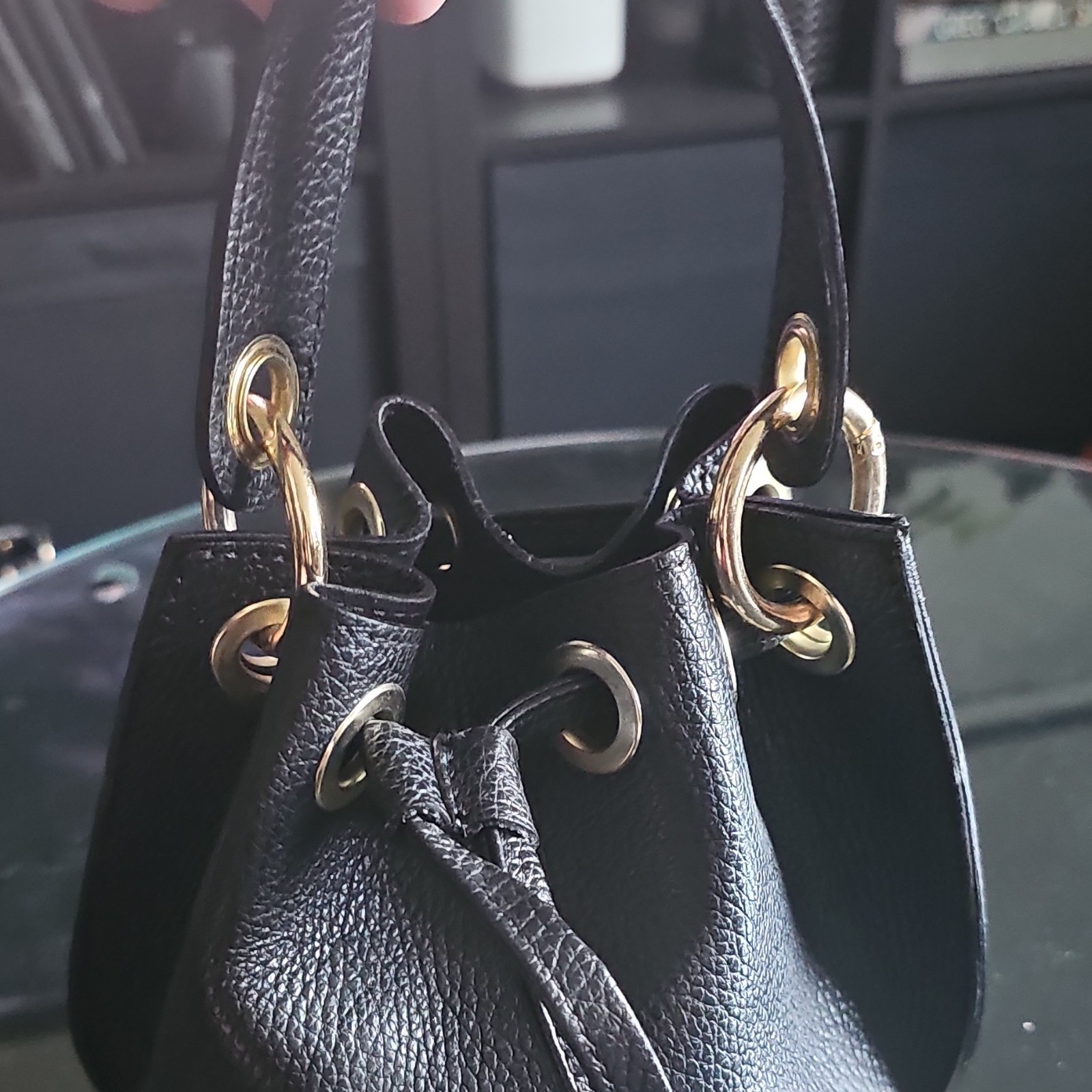 Anna Paola Black Pebbled Bucket Bag Drawstring w/ Gold Chain, Detachable Strap