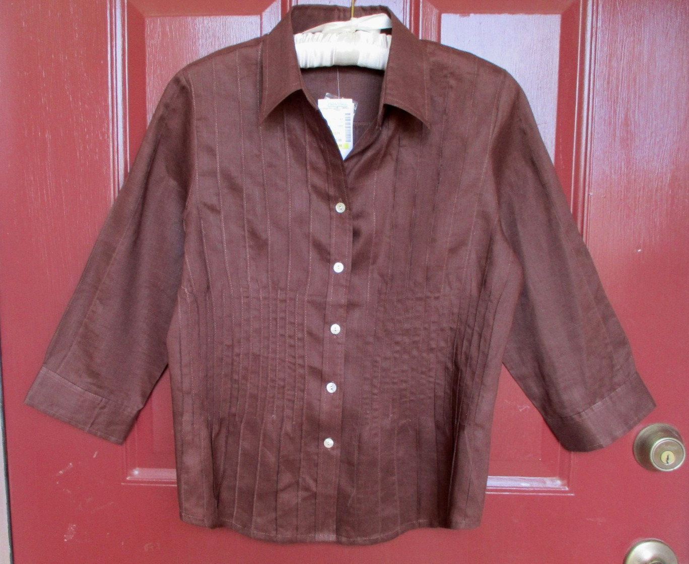 Appraisal Blouse SMALL Stein Mart Brown 3/4 Sleeve Button Front 100% Ramie NWT