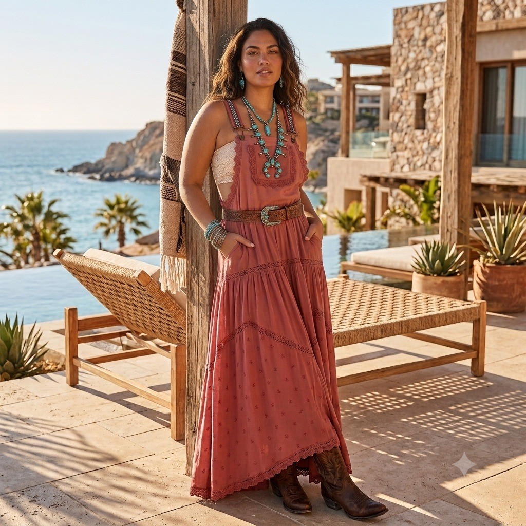NWT Gacaky Boho Western Prairie Dusty Rose Bib Overall Tiered Maxi Dress Sz. 2XL