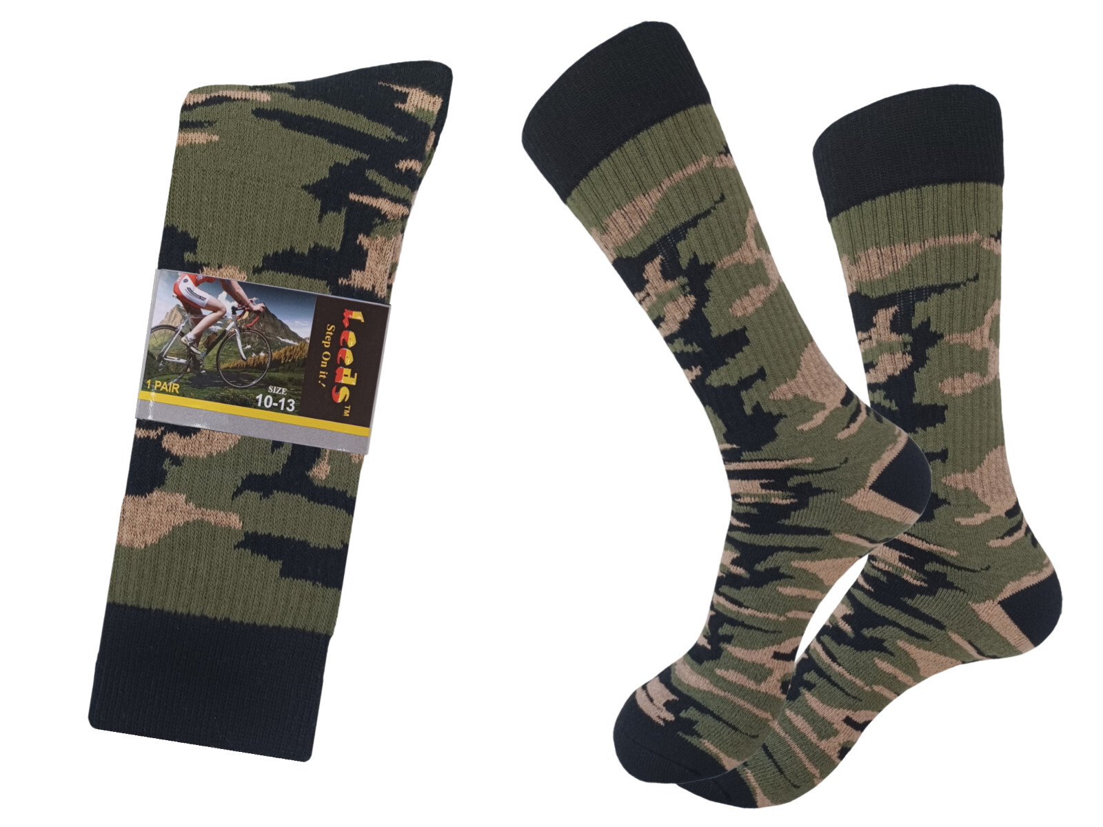 ONE PAIR COTTON CAMOUFLAGE CREW ARMY SOCKS SIZE 10-13 TRUE TO SIZE OLIVE GREEN