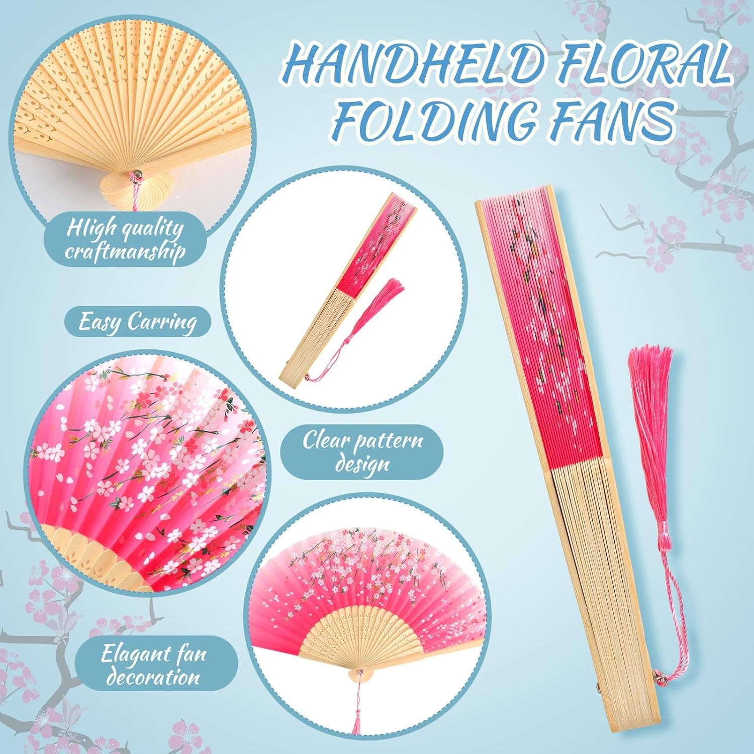 4 Pack Handheld Floral Folding Fans Hand Held Silk Bamboo Fans with Tassel(Chic)