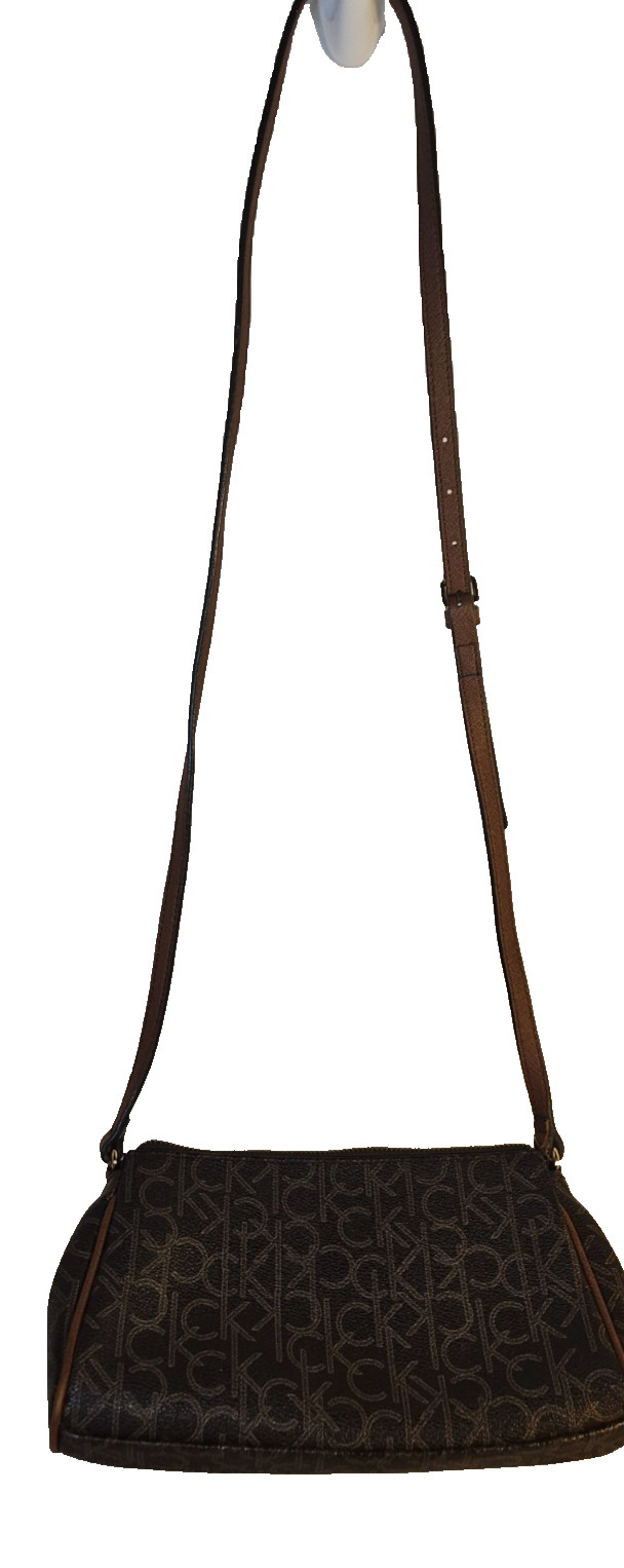 Calvin Klein CK Monogram Brown Crossbody Bag Adjustable Strap Gold Hardware