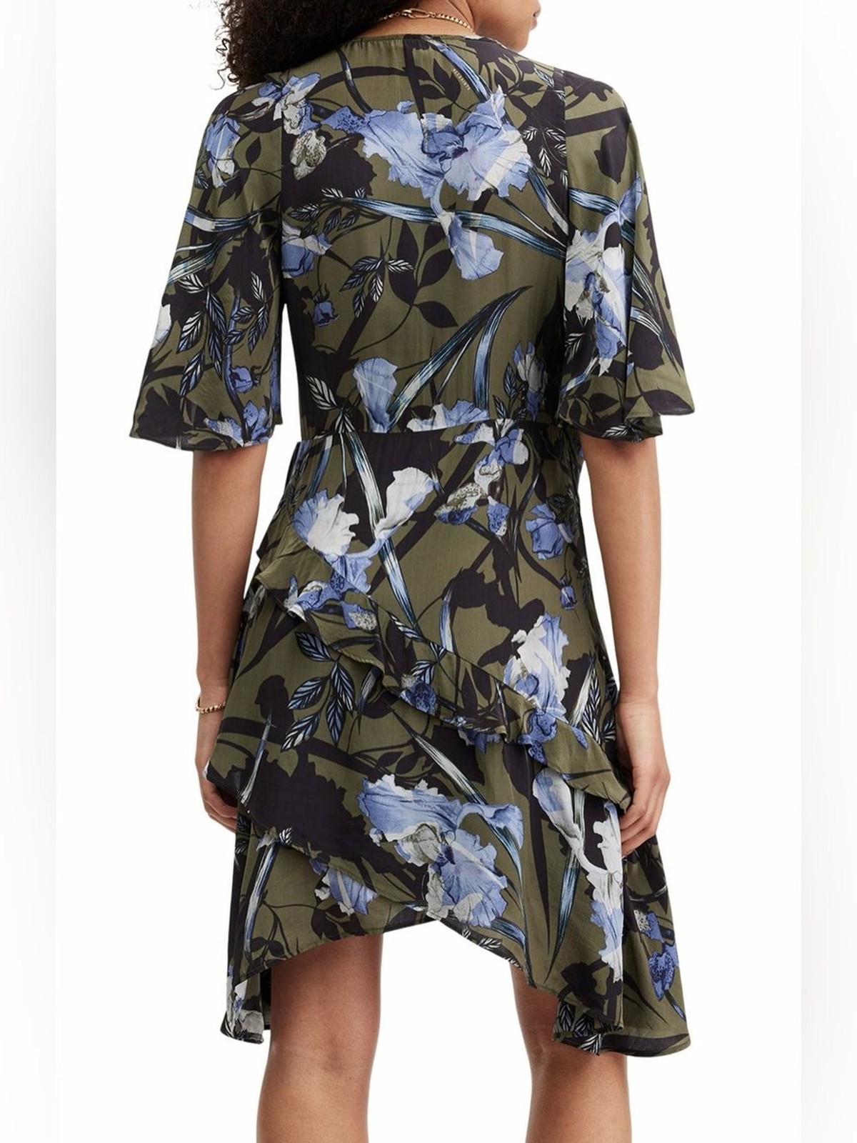 AllSaints Olive and Blue Floral High-Low Wrap Dress 100% Viscose