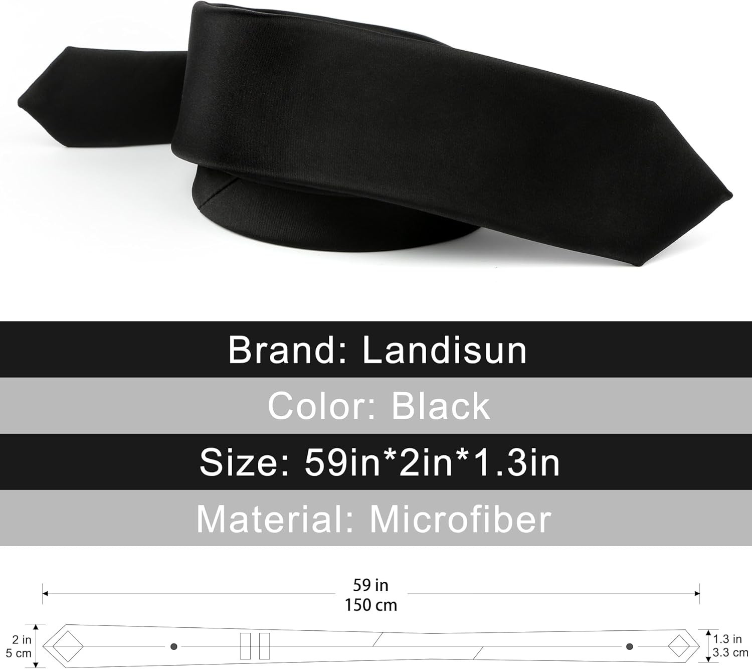 Landisun Black Tie Men Women Solid Skinny Ties Slim Satin