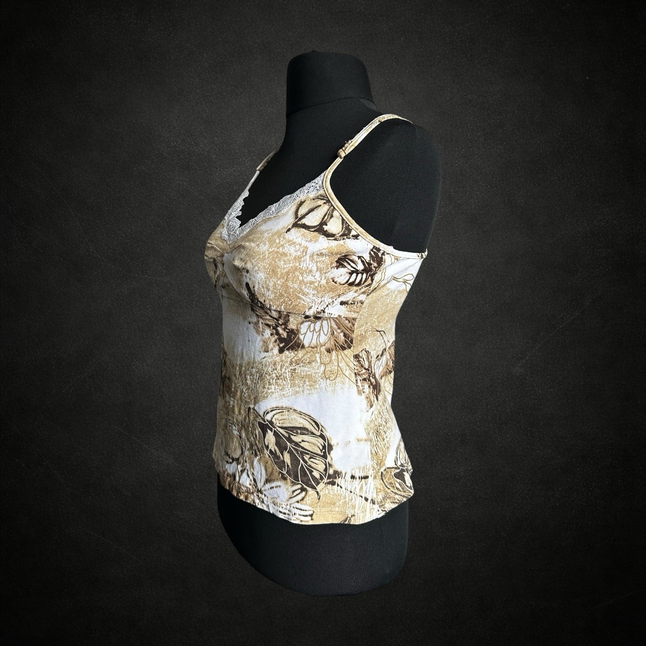 Apanage Womens Cami Top Large White Mustard Brown Leaf Lace Adjustable Y2K