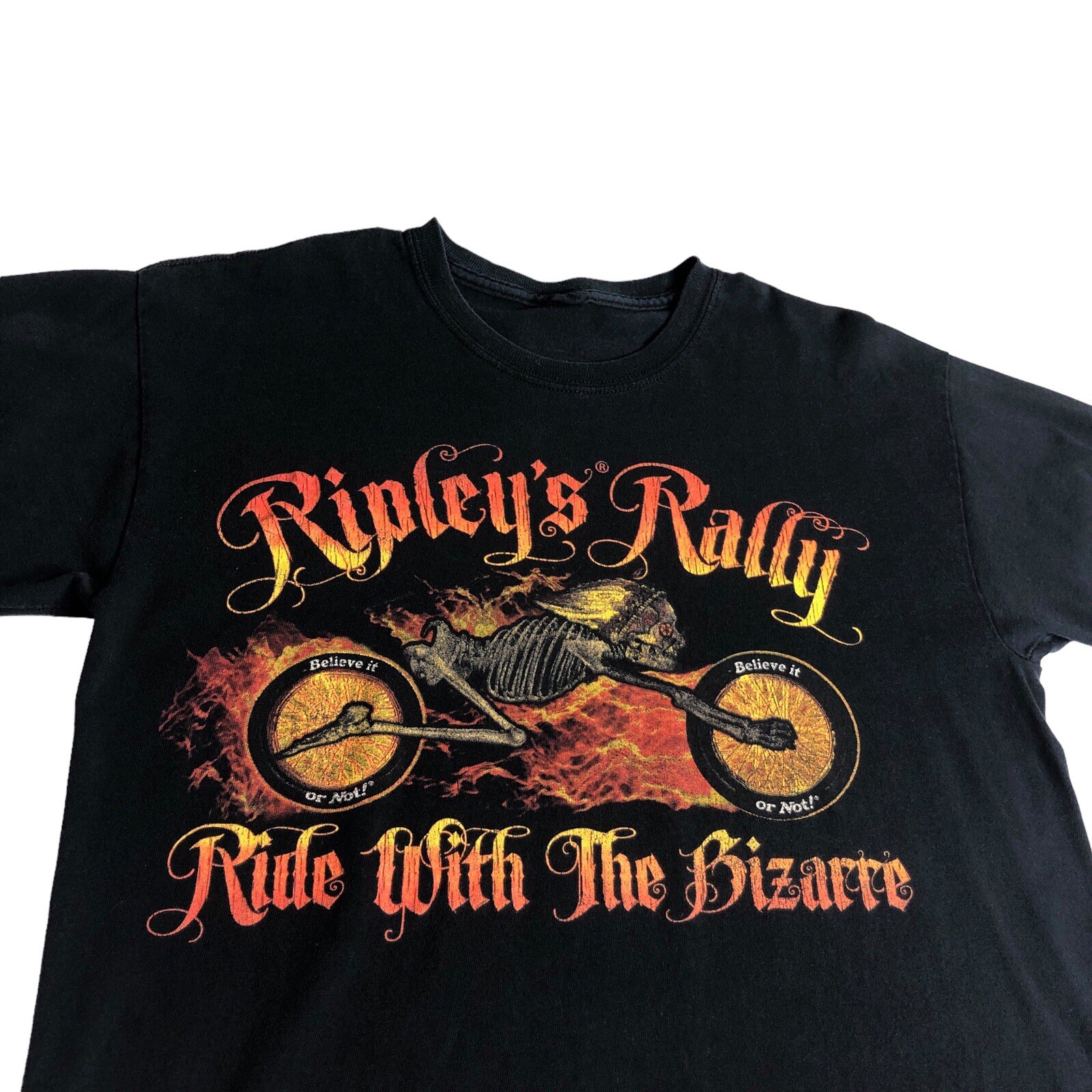 Ripleys Motorcycle Rally Shirt Men M Black Flame Skeleton Biker Y2K Grunge Retro