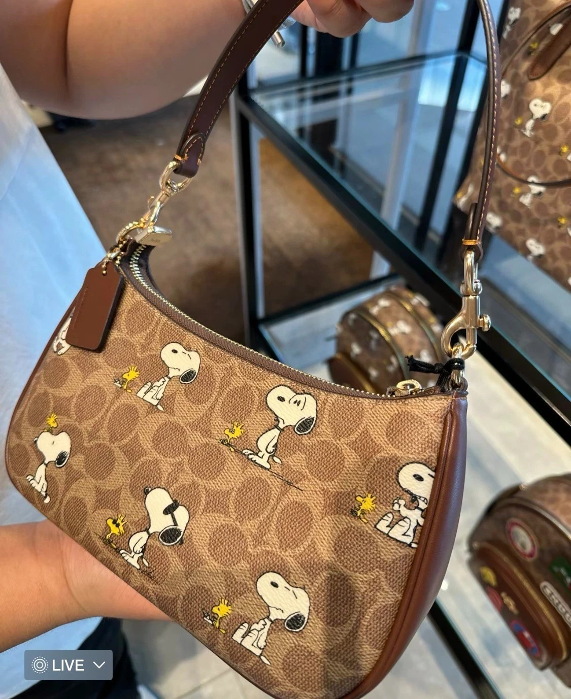 COACH x PEANUTS Teri Shoulder Bag Tan Brown Snoopy Print Signature Canvas CBJ88-