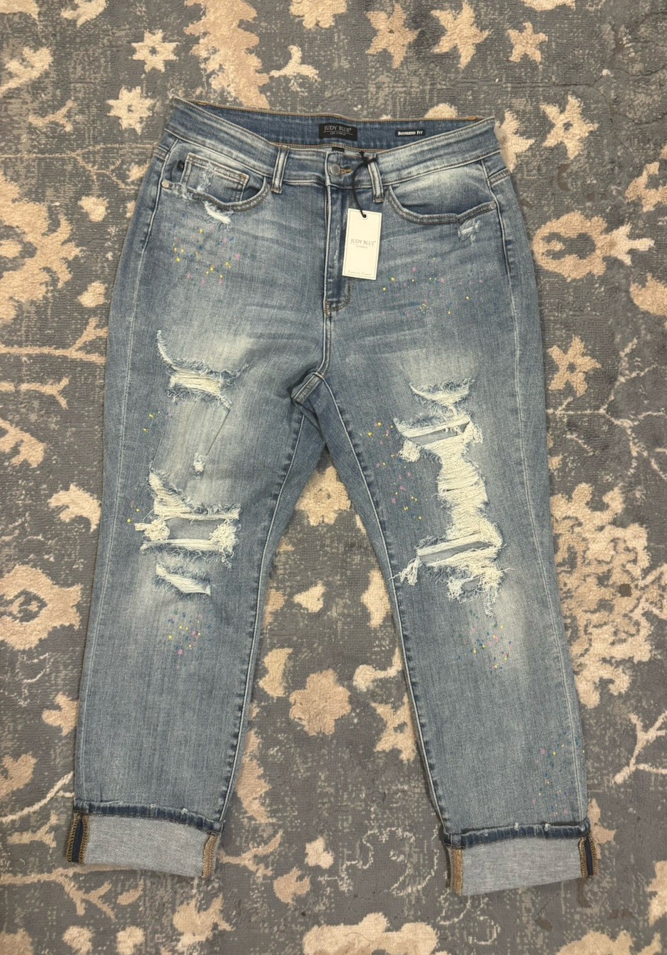 Judy Blue Women’s Blue Boyfriend Distressed Paint Splatter Denim Jeans 16W