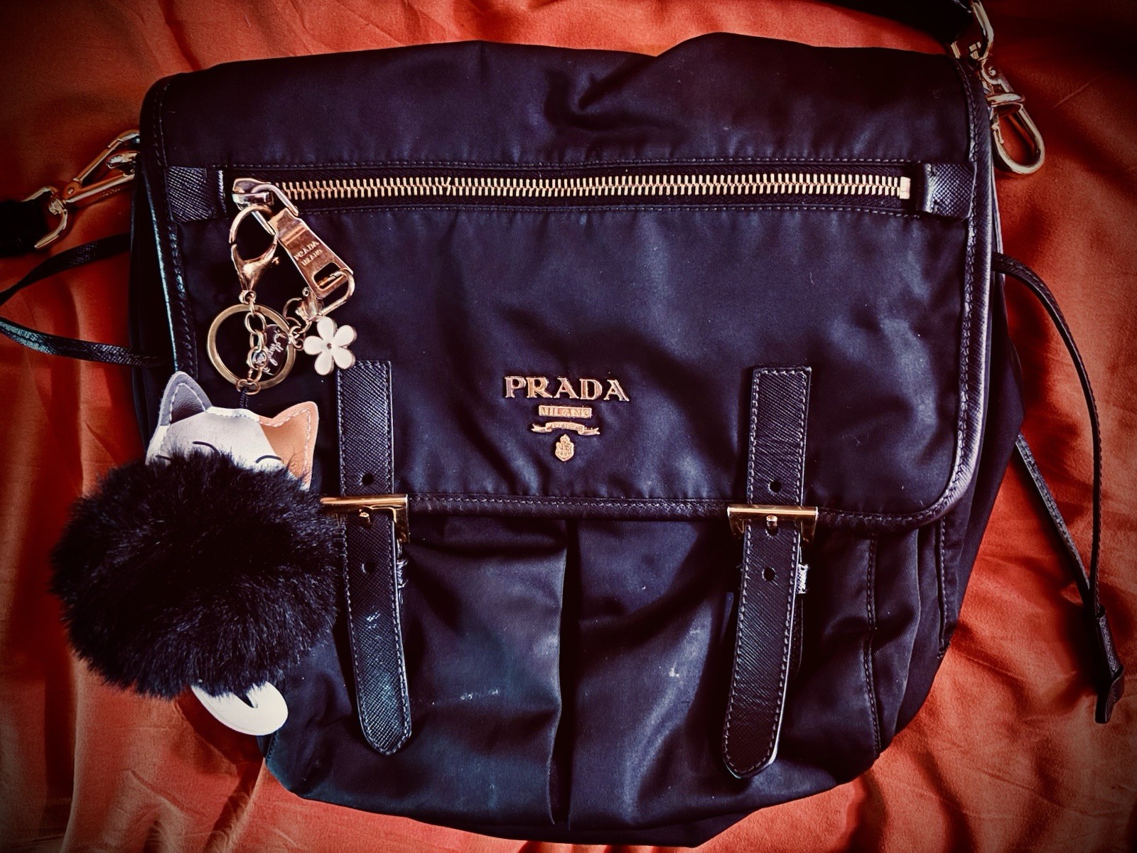 PRADA Black Crossbody Bag Gold Hardware Buckle Accent Zip Pockets