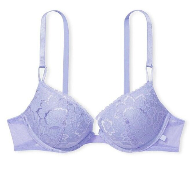 38C Lavender Lilac Floral LACE w Mesh Wings Victorias Secret Plunge PU UW Bra