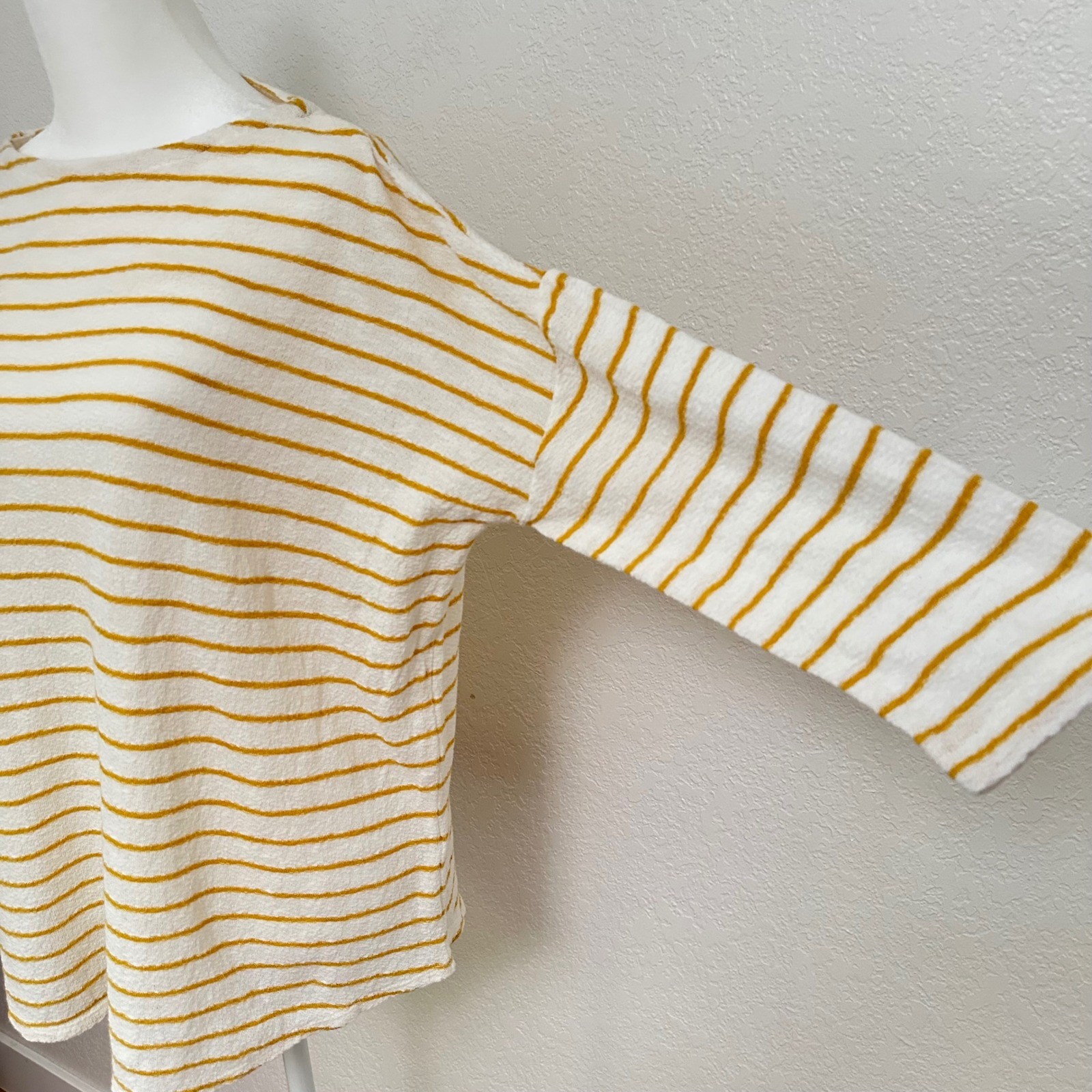 J. Jill Striped Top Womens Small White Yellow 3/4 Sleeve Cotton Knit Boat Neck