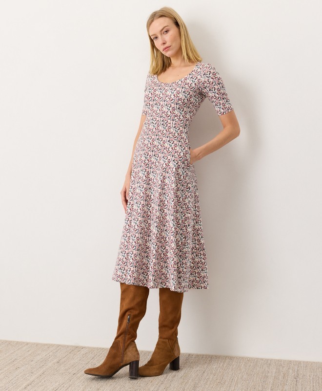 PACT Organic Fit & Flare Signature Scoop Dress Paradise Petals Cream