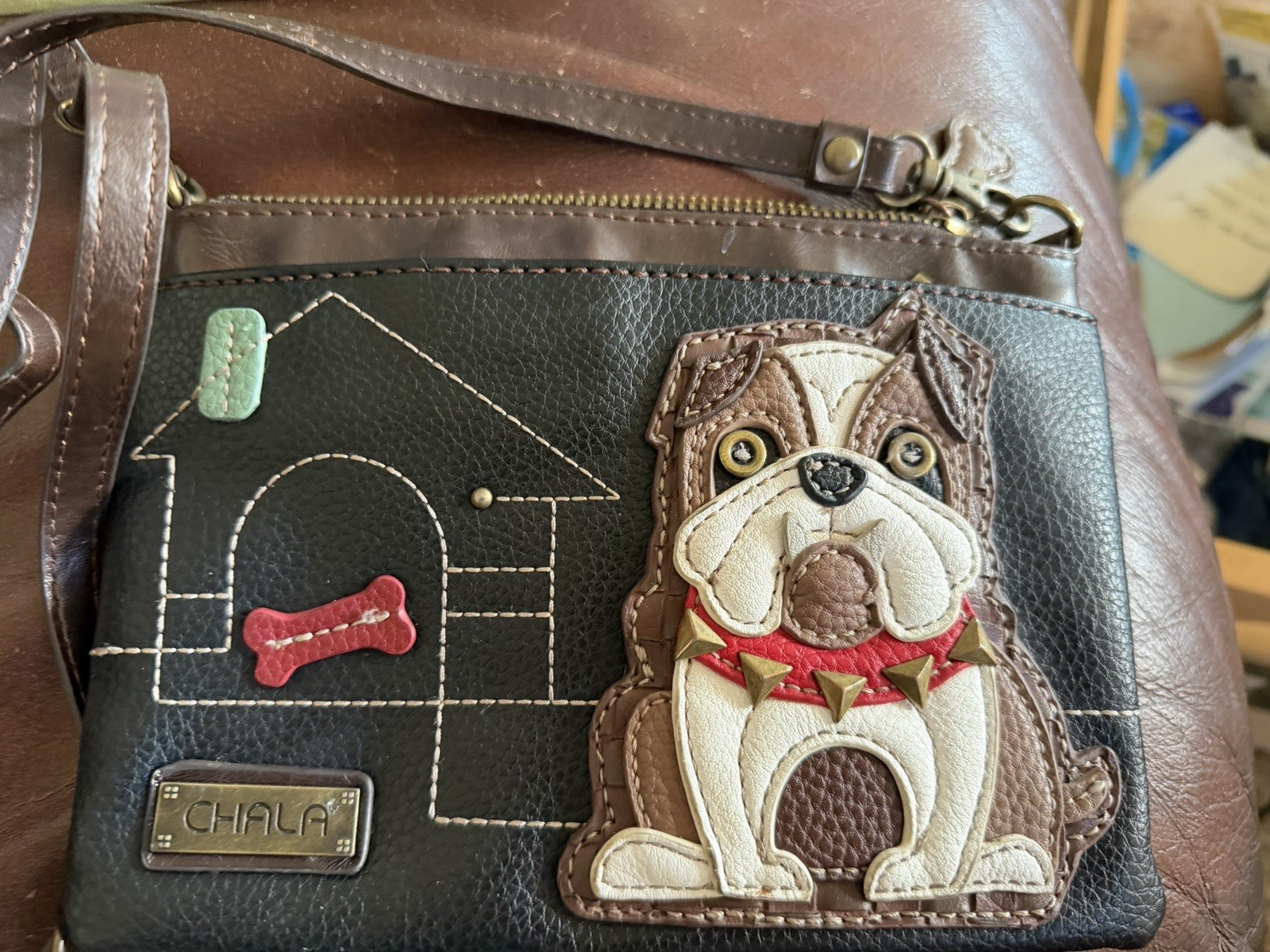 CHALA Dog Applique Zip Crossbody Bag Small Brown/Black Detachable Strap Pockets