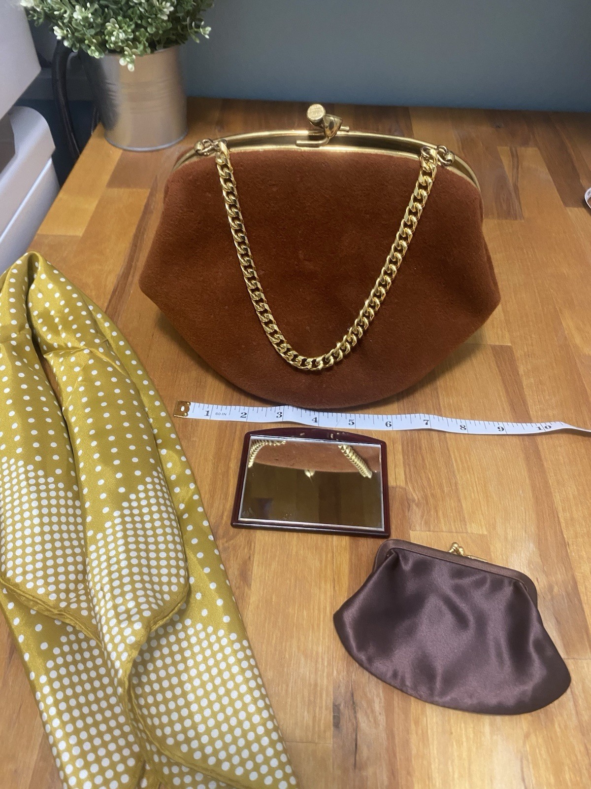 Coblentz Mid Century Vintage Handbag Fawn Brown Soft Suede Gold Chain Link Strap