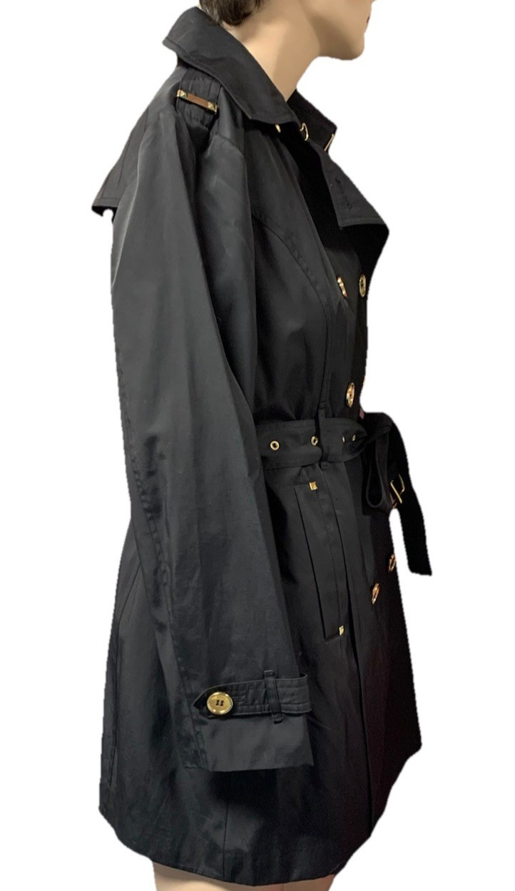 Trench Coat Michael Kors Black Double Breasted Golden Buttons Sz L Women’s