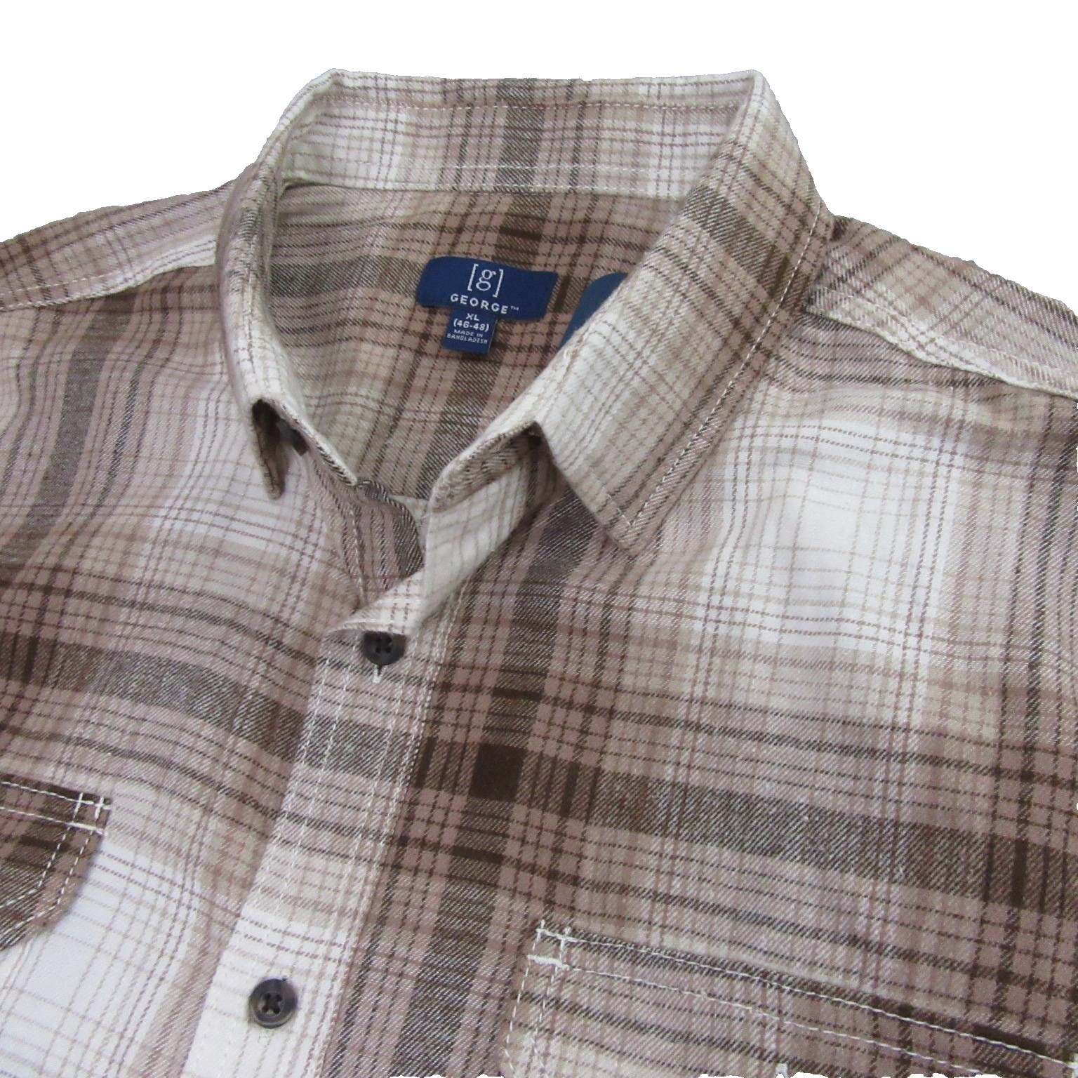 George Mens Button Up Flannel Shirt XL Brown Plaid Extra Soft Long
