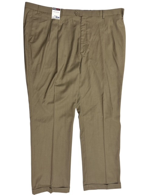 Roundtree Yorke Travel Smart Pants 54×32 Brown Gabardine Classic Fit Pleats Cuff