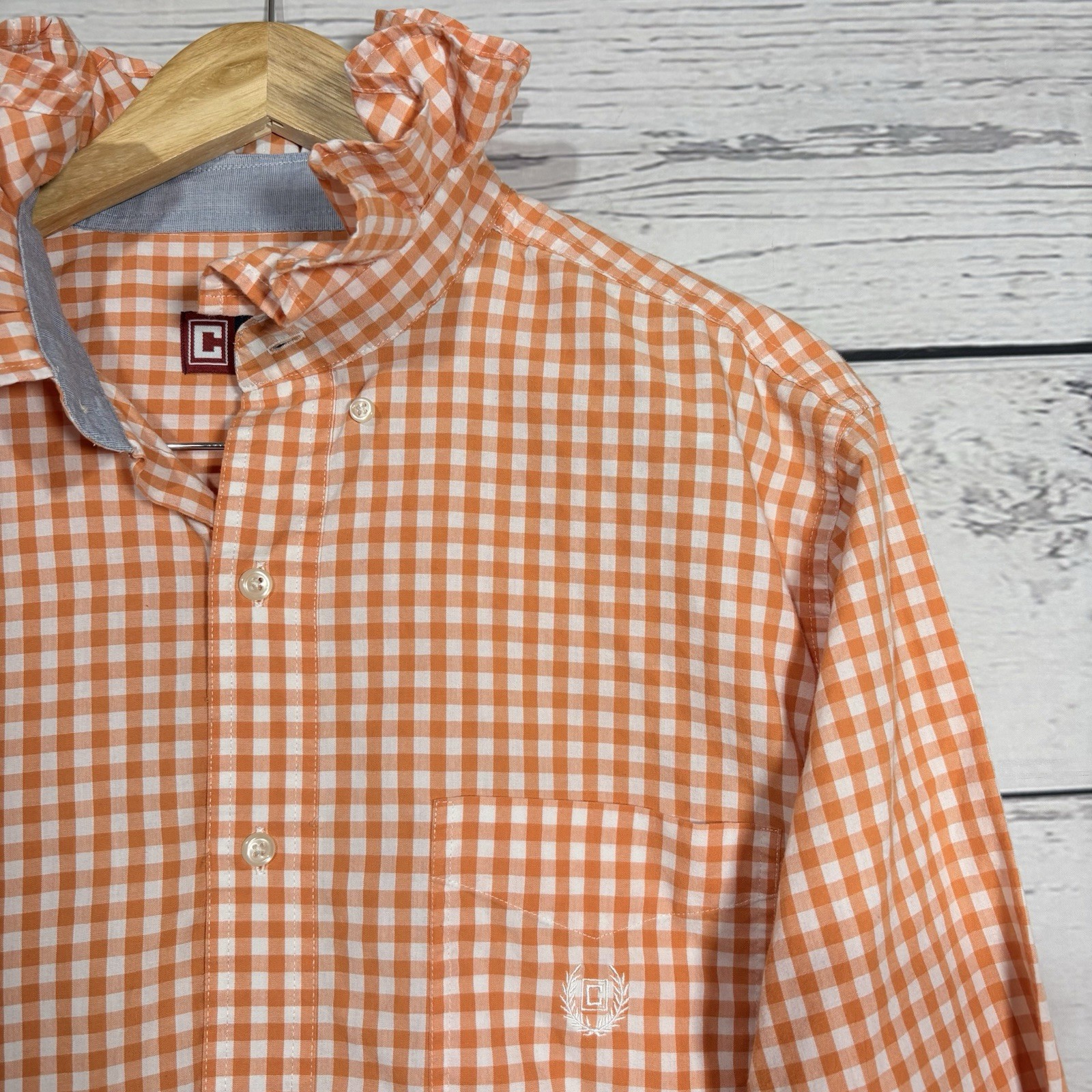 Upcycled Orange Gingham Check Ruffle Collar Oxford Shirt Womens Preppy VIRAL
