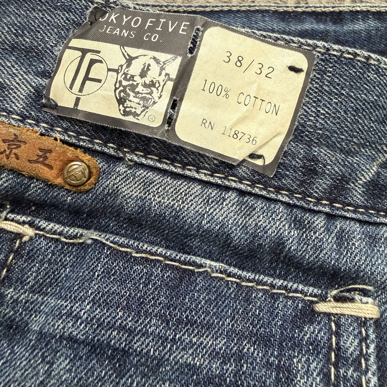 Tokyo Five The Way Jeans Mens 38×32 Blue Denim Whiskered Cotton Button Fly Pants