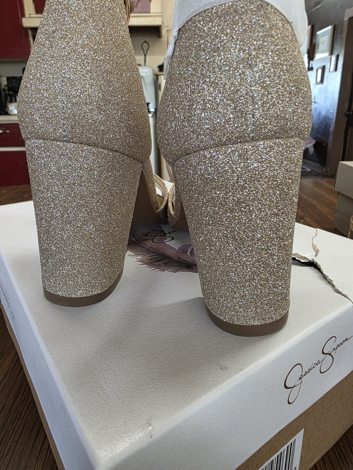 Jessica Simpson Sherron Champagne Glitter Block Heel Sandals Women’s 9M NIB