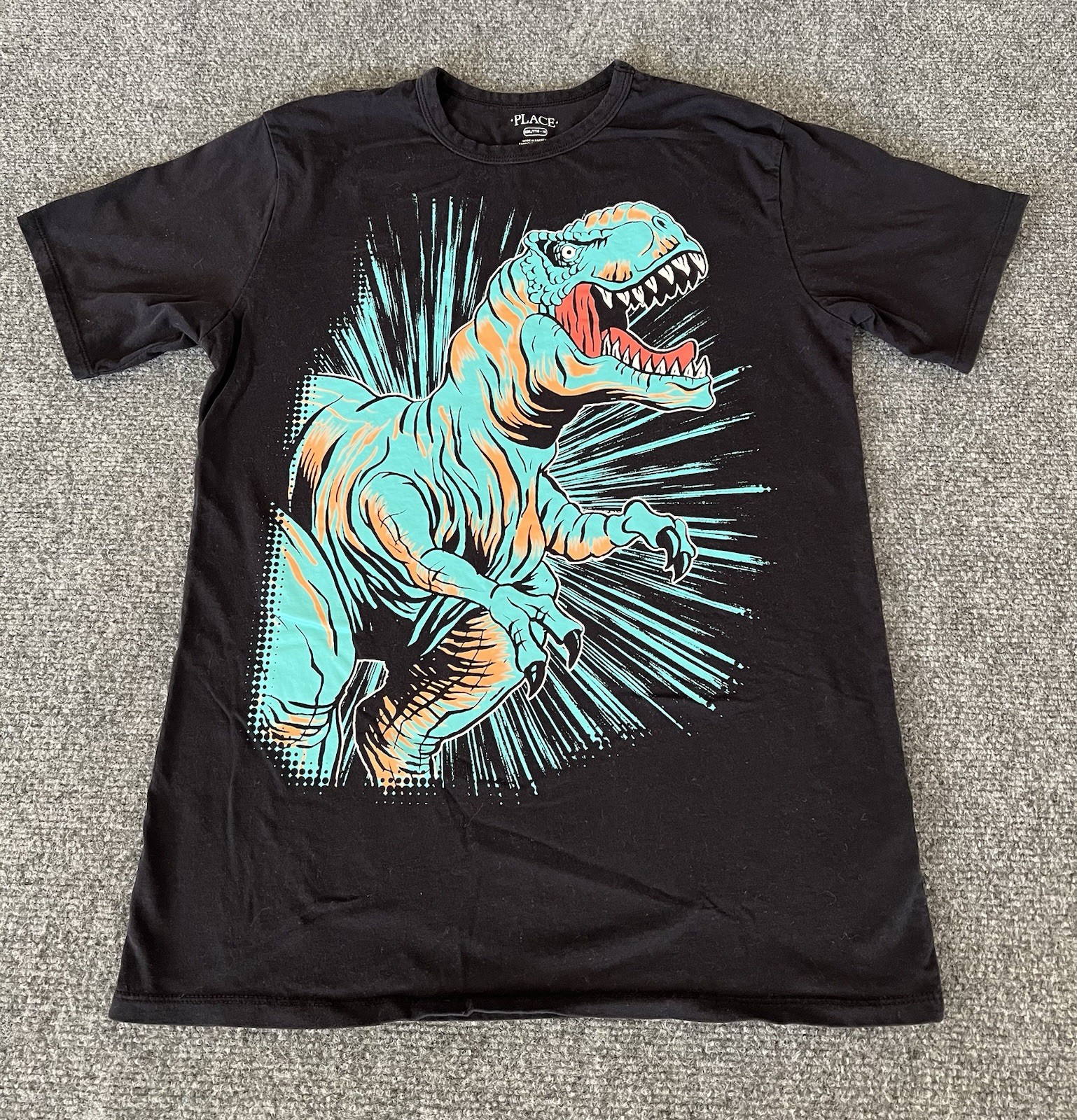 Place Youth 2XL T Shirt Dinosaur Black Neon Blue Trex Screen Print