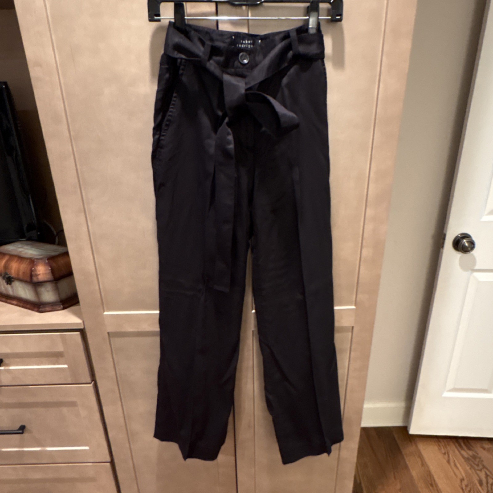 Robert Rodriguez Black Belted Women’s Pants Button Zip Tie Closure Solid Regular