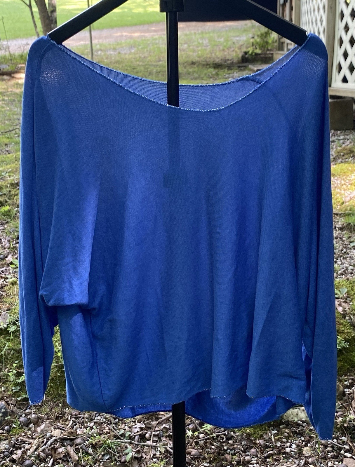 Women’s Blue Fine Knit Slouchy Top Batwing Dolman Sleeve Viscose Stretch Size 5