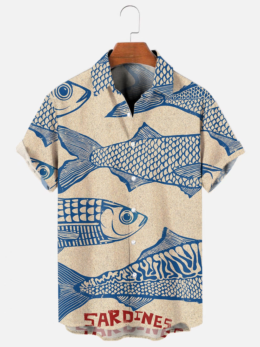 Mens Retro Sardines Pattern Print Breathable Casual Short Sleeve Shirt