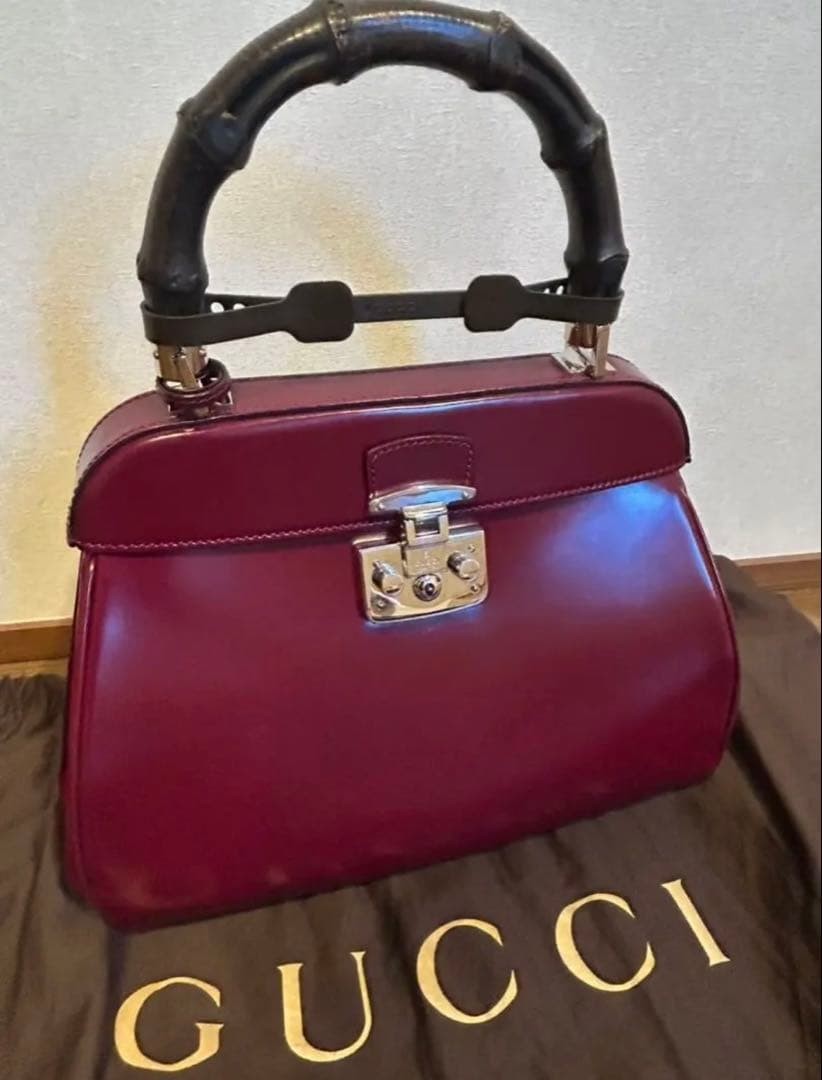 New GUCCI Bamboo Handbag Leather Bordeaux Wine Red Gift Present 0611b
