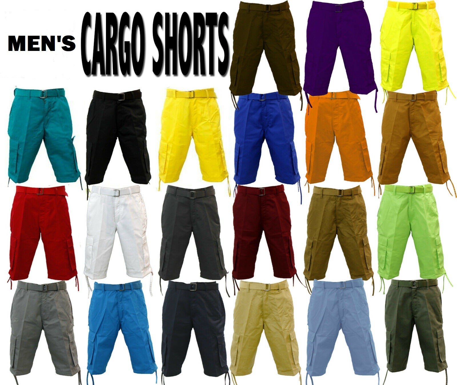Men’s Cargo Shorts 100% Twill Cotton Solid Color Sizes from 32 to 44