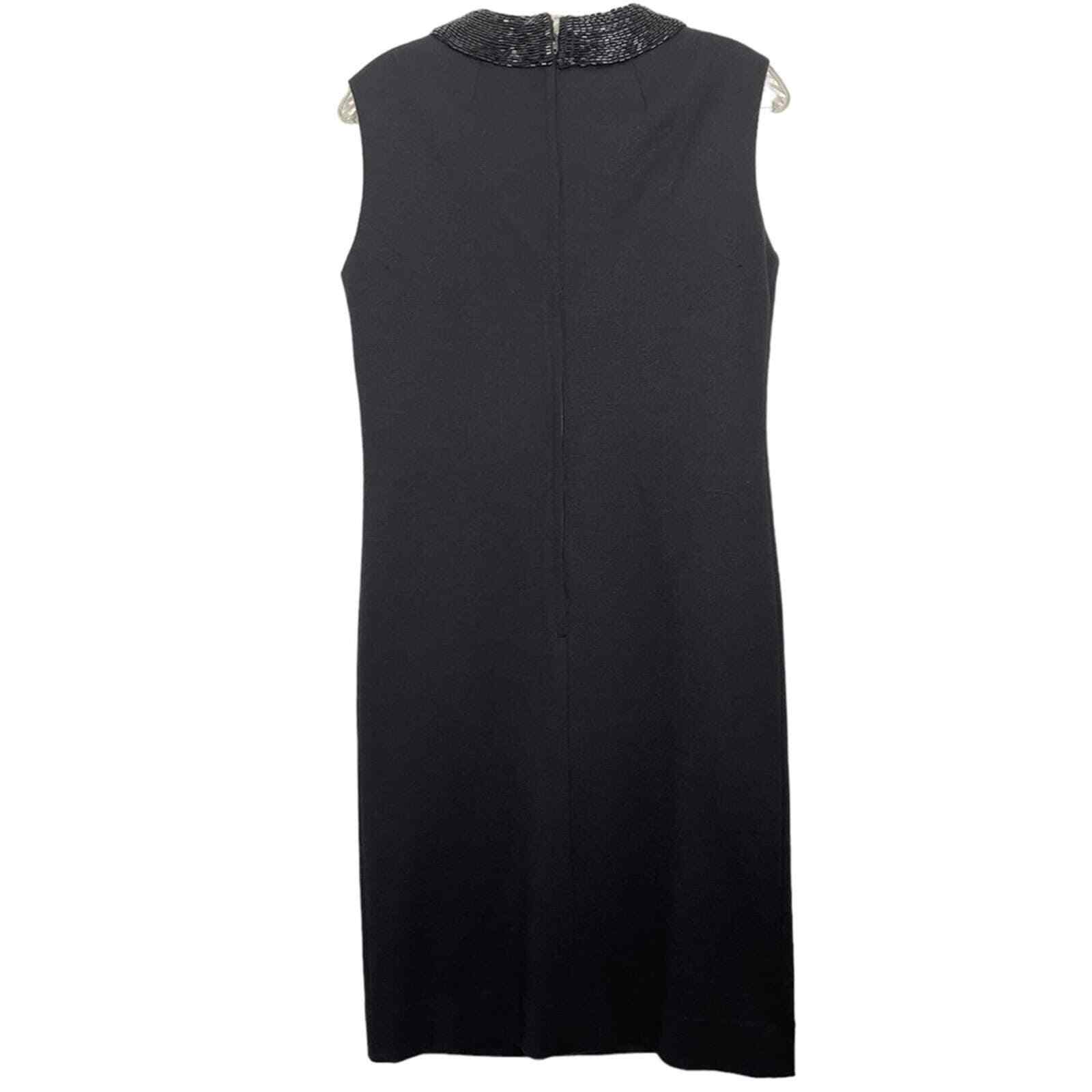 Vintage Black Beaded V-Neck Collar Knit Mid Length Sheath Dress LBD