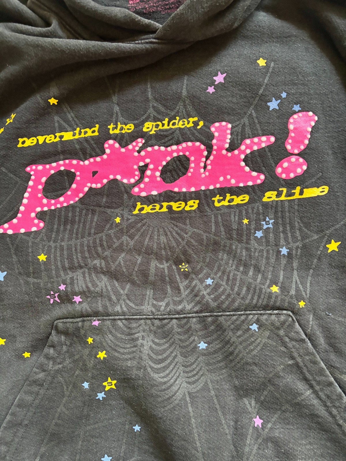 Sp5der Nevermind The Spider Here’s The Slime Hoodie Black Pink Web Graphic