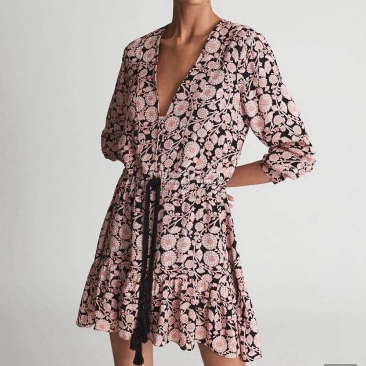 Reiss Floral Flip Dress Size 8 Black Coral with Tassels