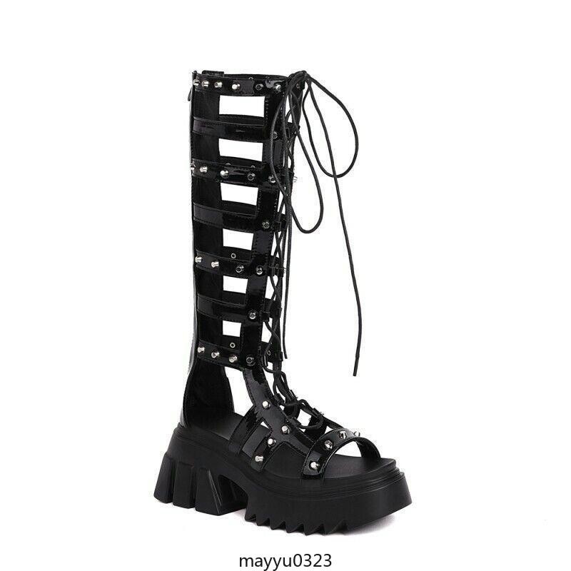 Womens Gothic Casual Mid Block Heel Gladiator Lace Up Platform Sandals Shoes Hot
