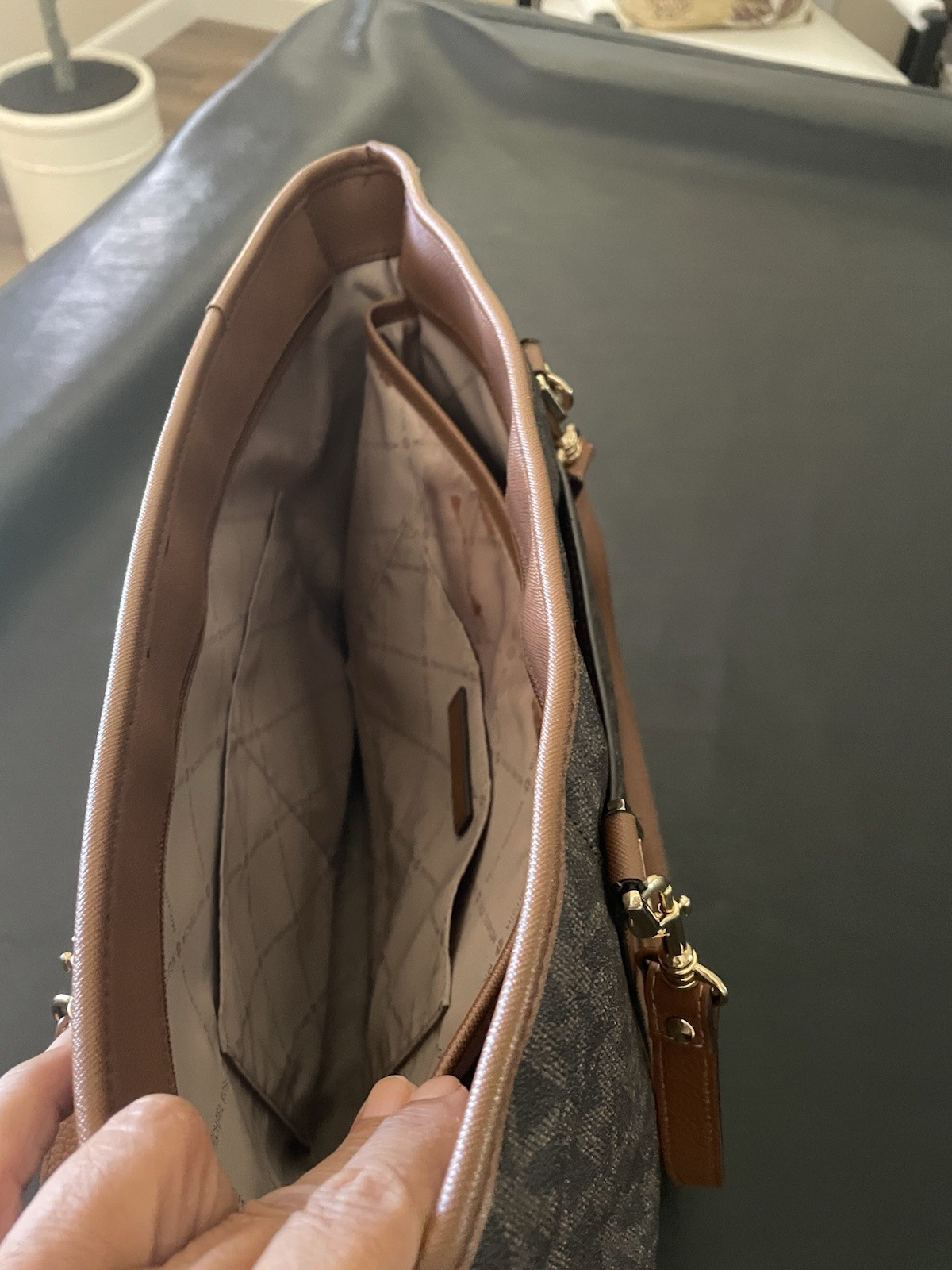 Michael Kors Monogram Logo Brown Zip Top Medium Tote Gold Hardware