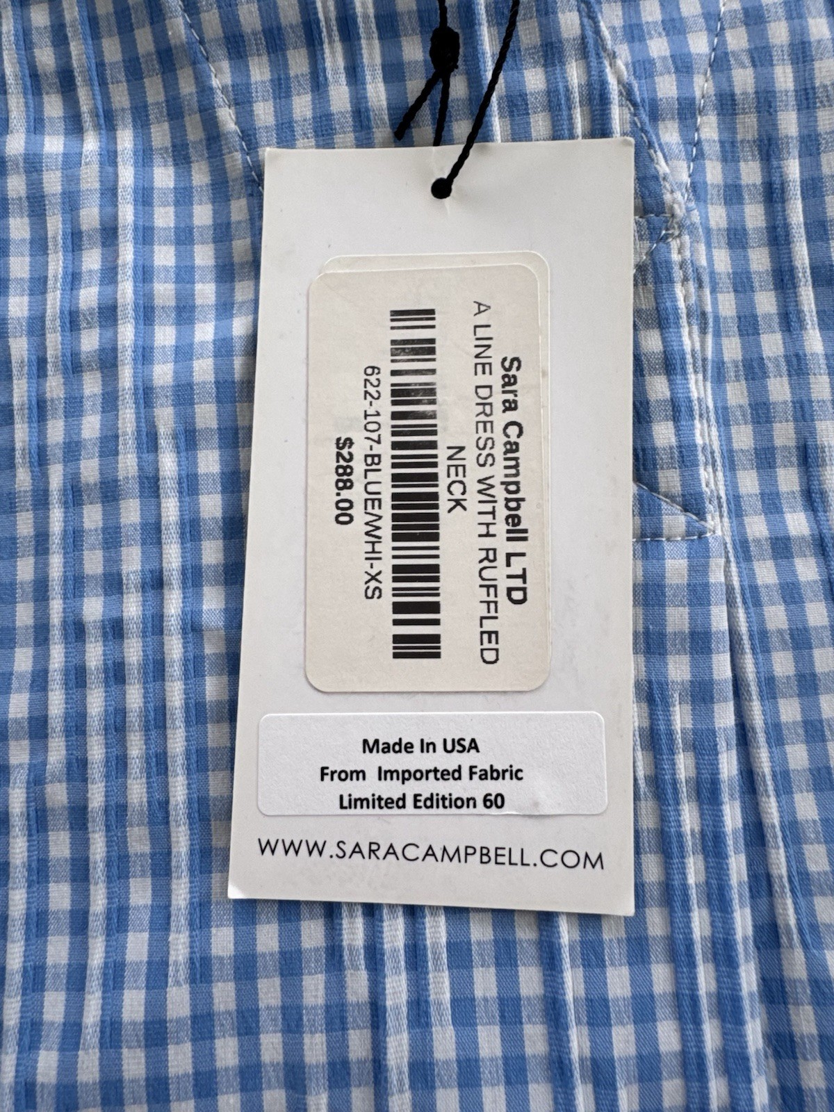 Womens Sara Campbell Aline Ruffle Neck Sleeveless Dress NWT BlueWhite Gingham XS