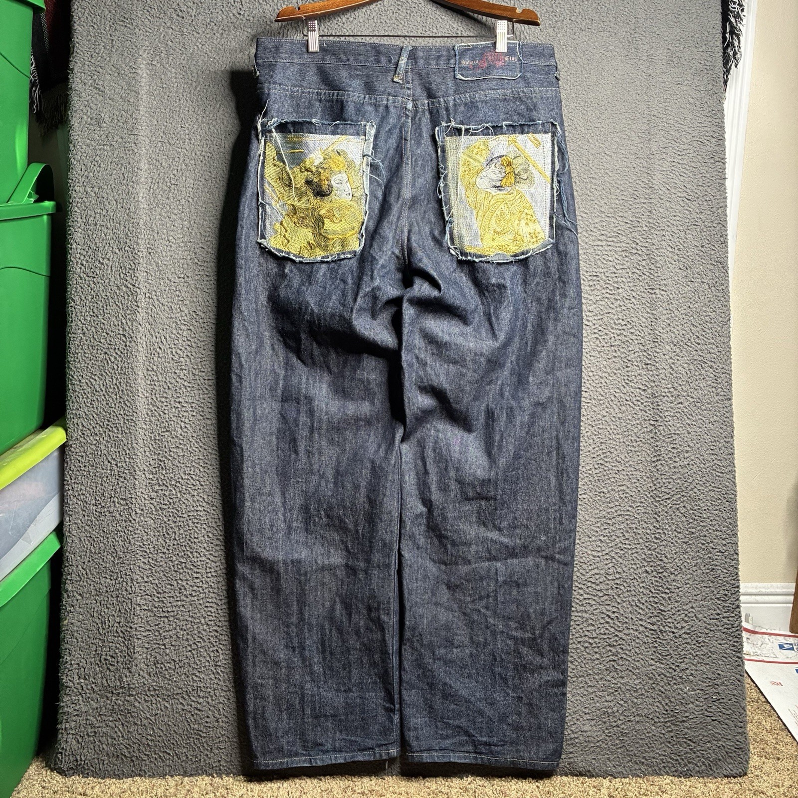 Vtg Martin Ksohoh Style Embroidered 38×34 Denim Jeans Wide Leg Baggy Broken Zip