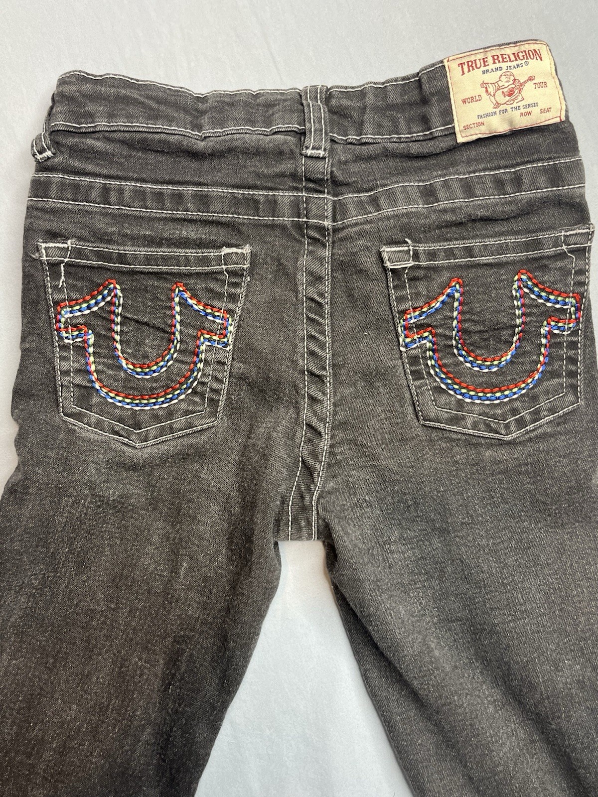 True Religion Girl Straight Super Rainbow Thick Stitch Black Jeans Sz 7