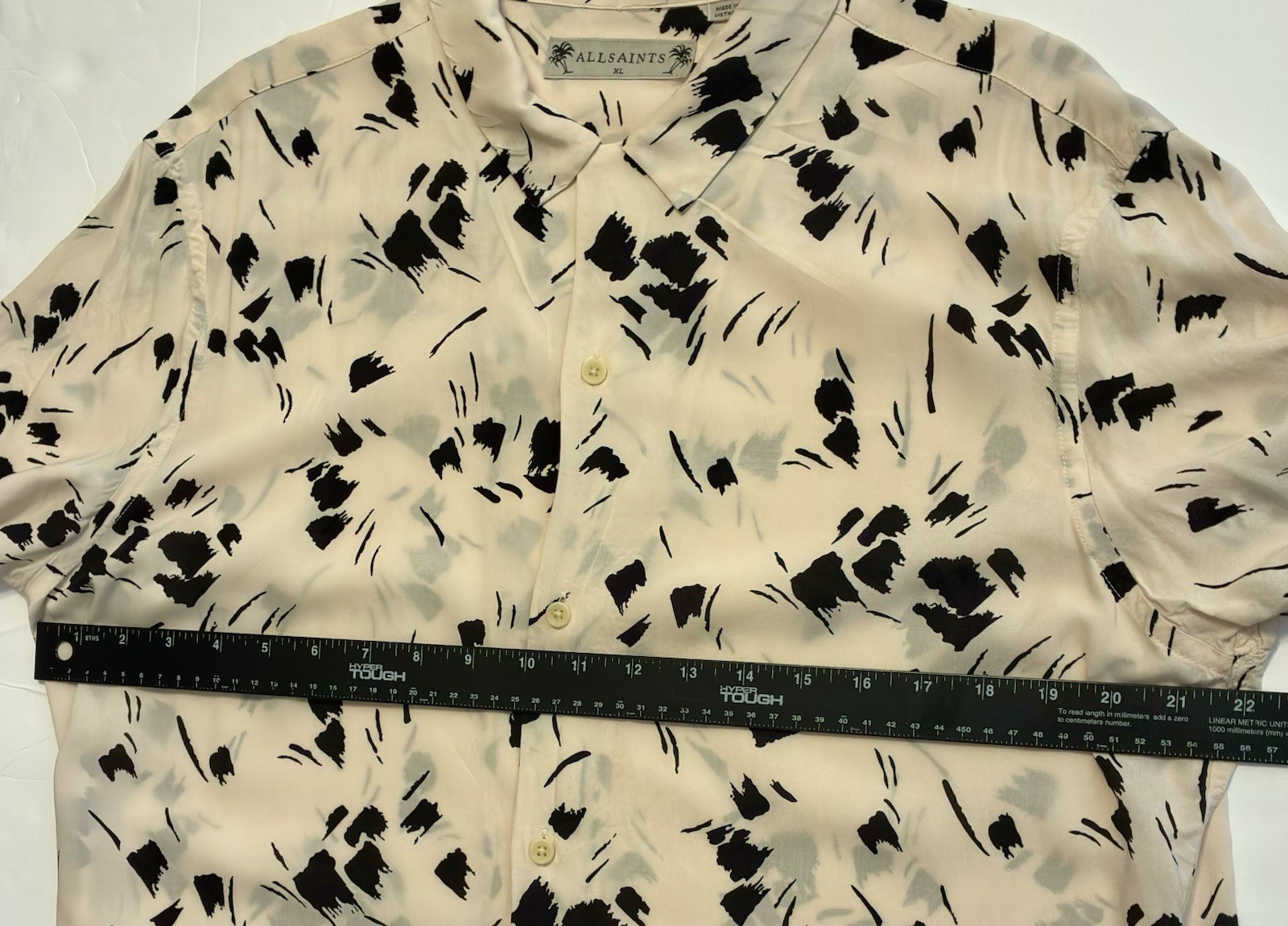 ALL SAINTS•Button Up S/sleeve Shirt Abstract VISCOSE Mens•XL White/Black Casual
