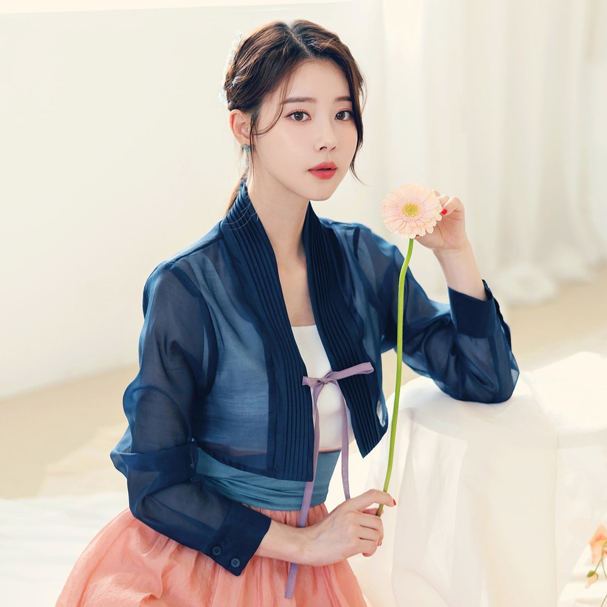 Korean Floral Blouse Hanbok. Azure Moon Sheer Organza Hanbok Jeogori