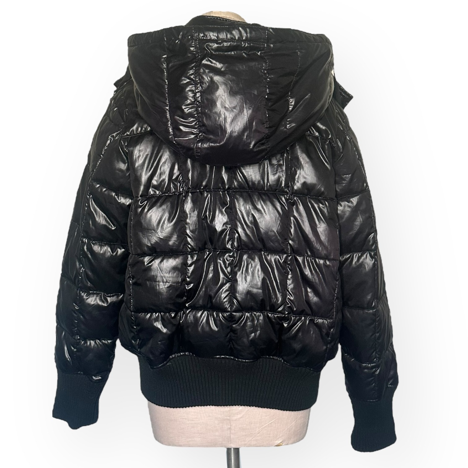 ’94 Vintage OLD NAVY Quilted Puffer Jacket Gloss Removable Hood Coat Black XL