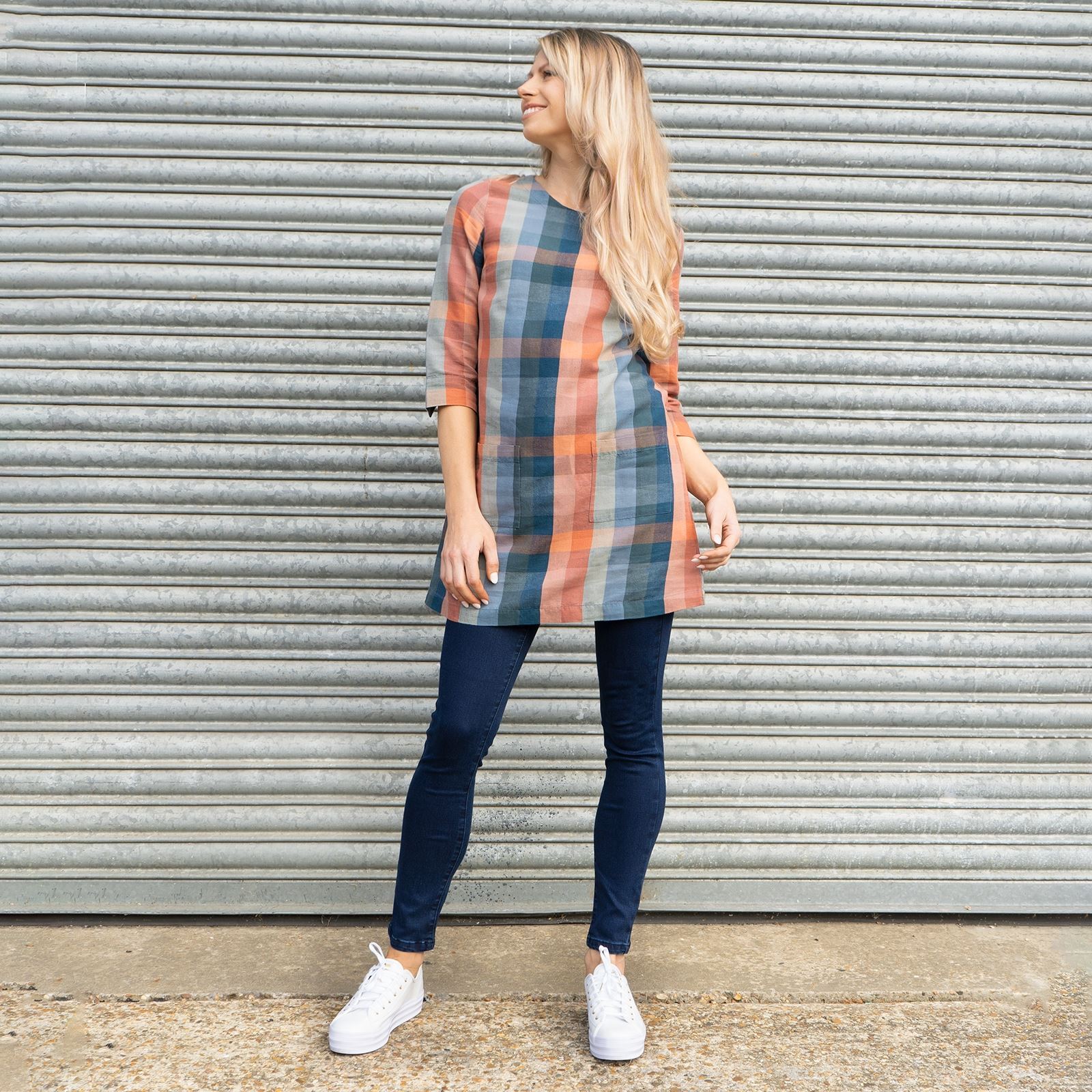 Seasalt Tunic Womens Knee Length Blue Grey Orange Sleeve Cotton Linen Size 10 8