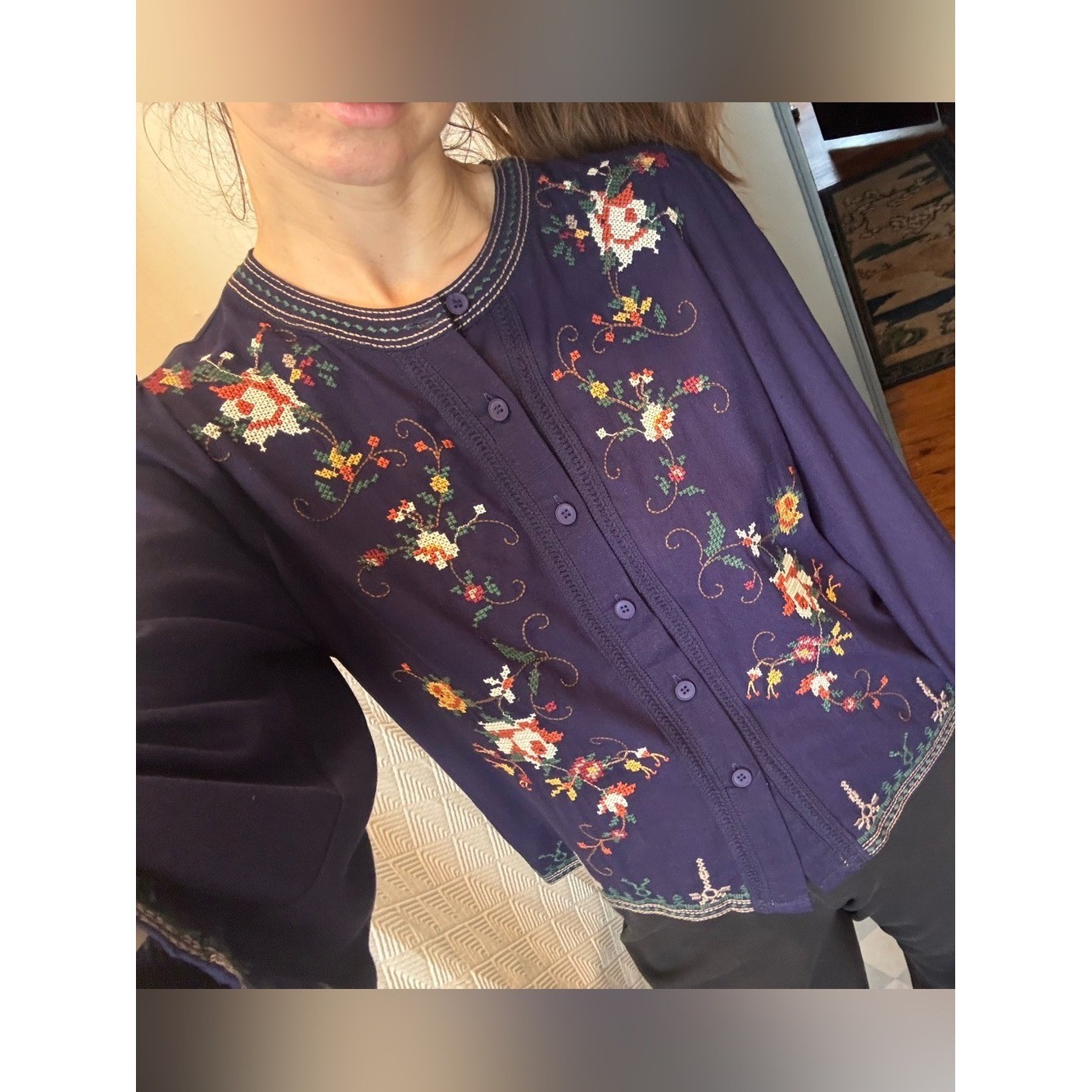 NWT Solitaire Navy Blue Embroidered Floral Boho Button-Front Top