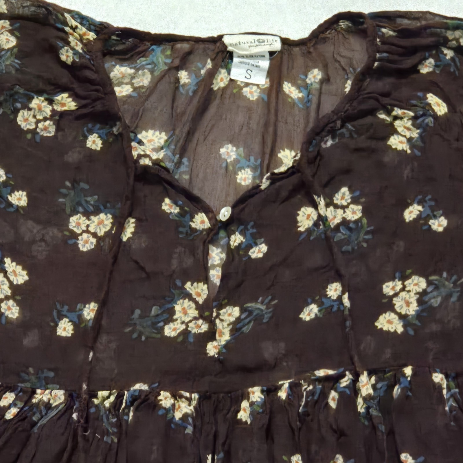 Natural Life Floral Boho Babydoll Top Size S Brown Peasant Puff Sleeve Cottage