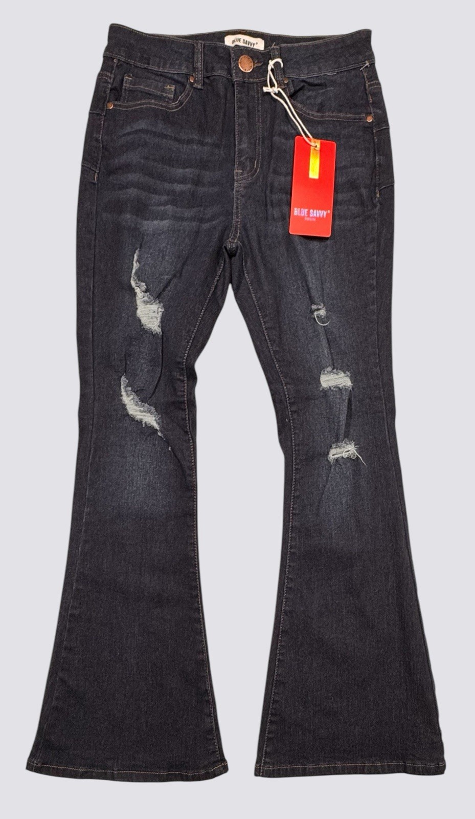 NWT Blue Savvy Women Dark Denim Jeans Sz 7/28 Distressed Flare Stretch Mid Rise