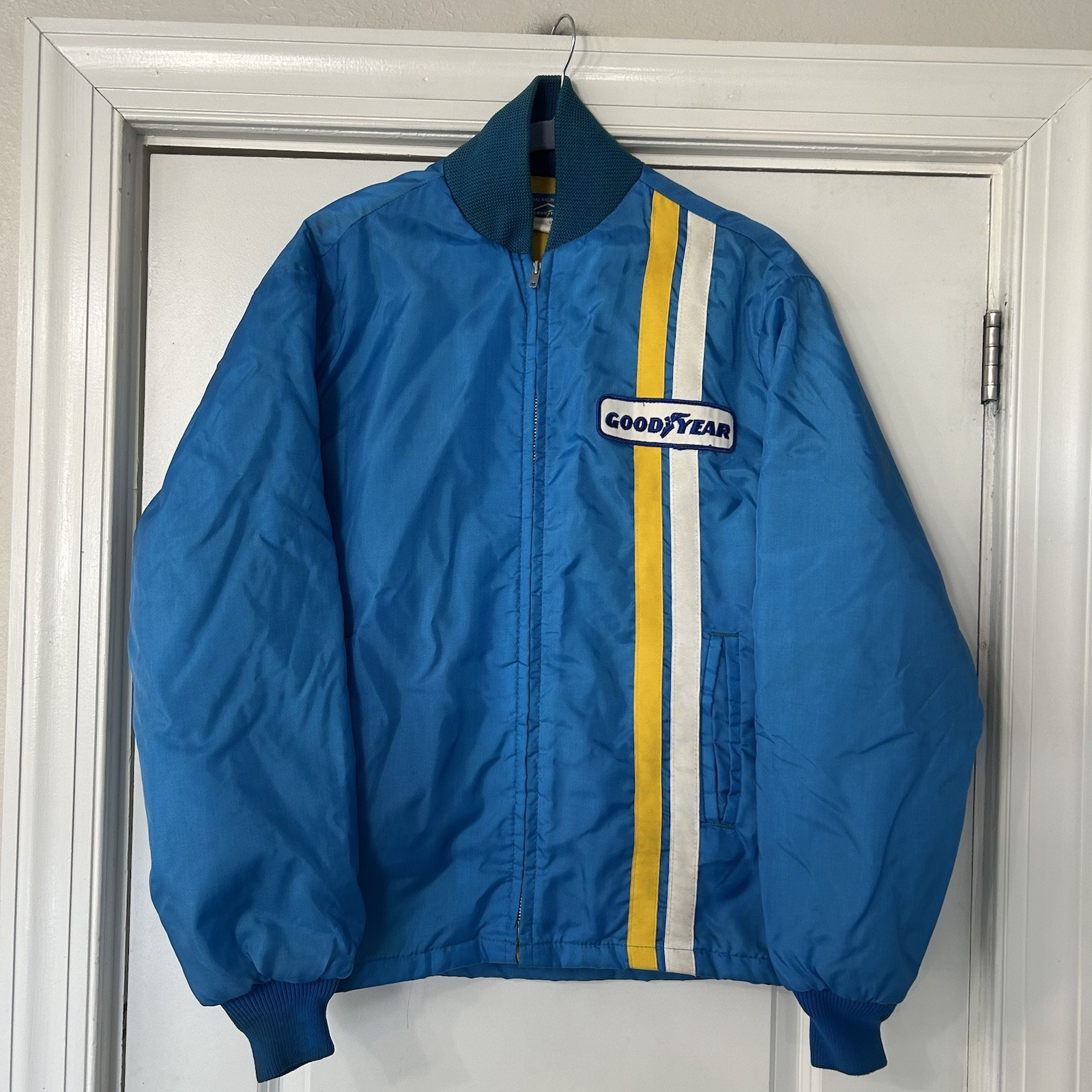 VTG 70s Good Year Tires Racing Jacket Size M USA Made Blue Nylon Quilt Lined