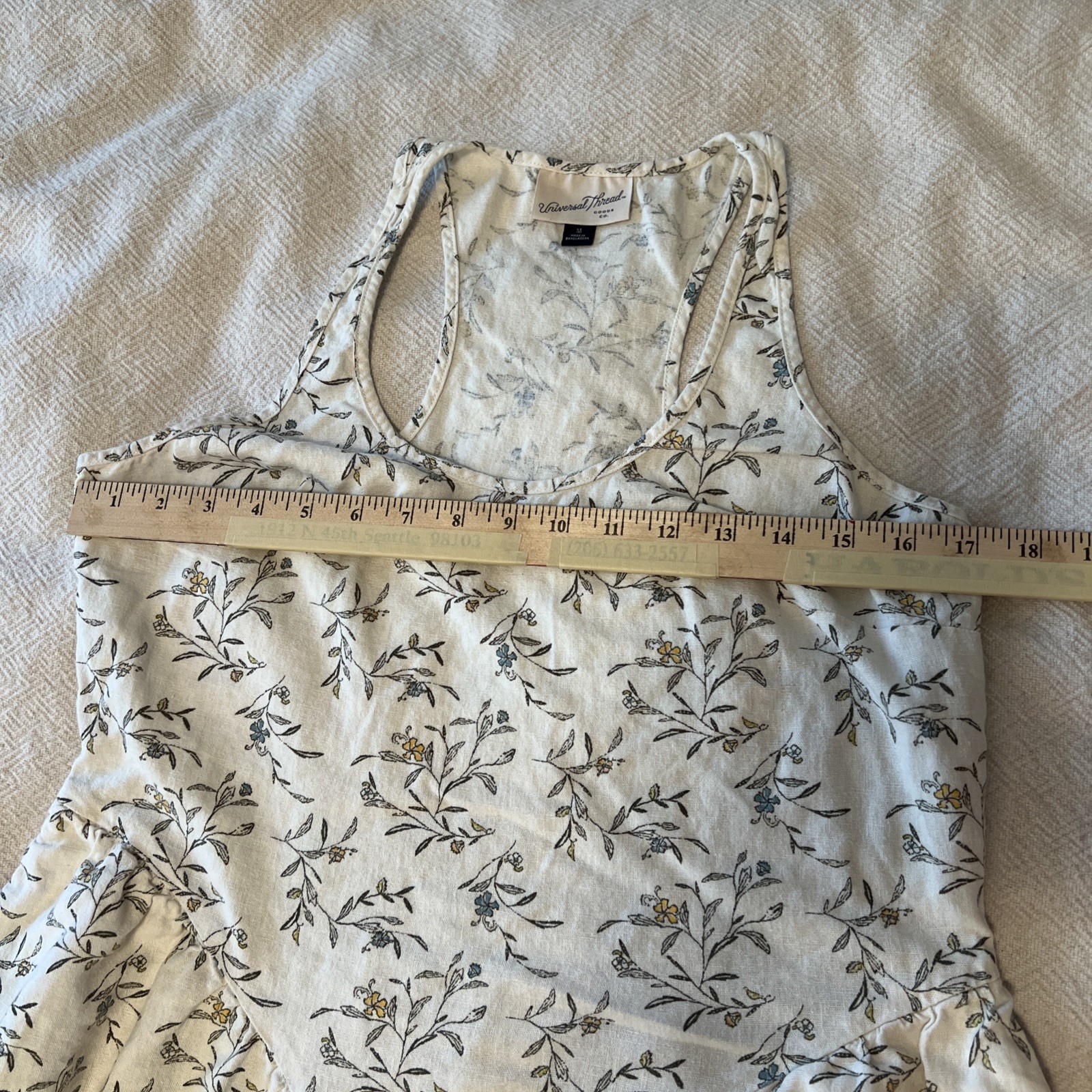 M Floral Linen Blend Cottage Basque Waist Racer Back Sleeveless Dress Pockets